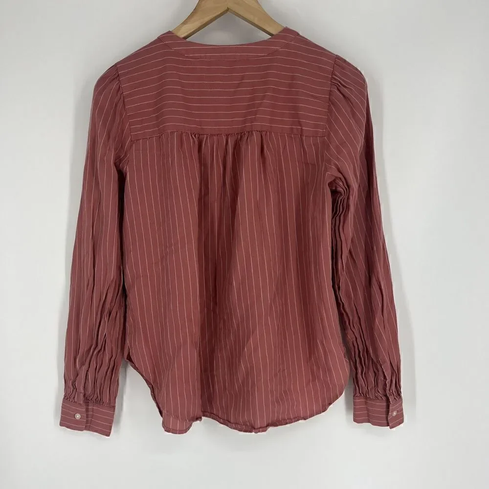 Loft Top Size Small Womens Pink Button Down Striped Pleated Blouse Puff Sleeve
